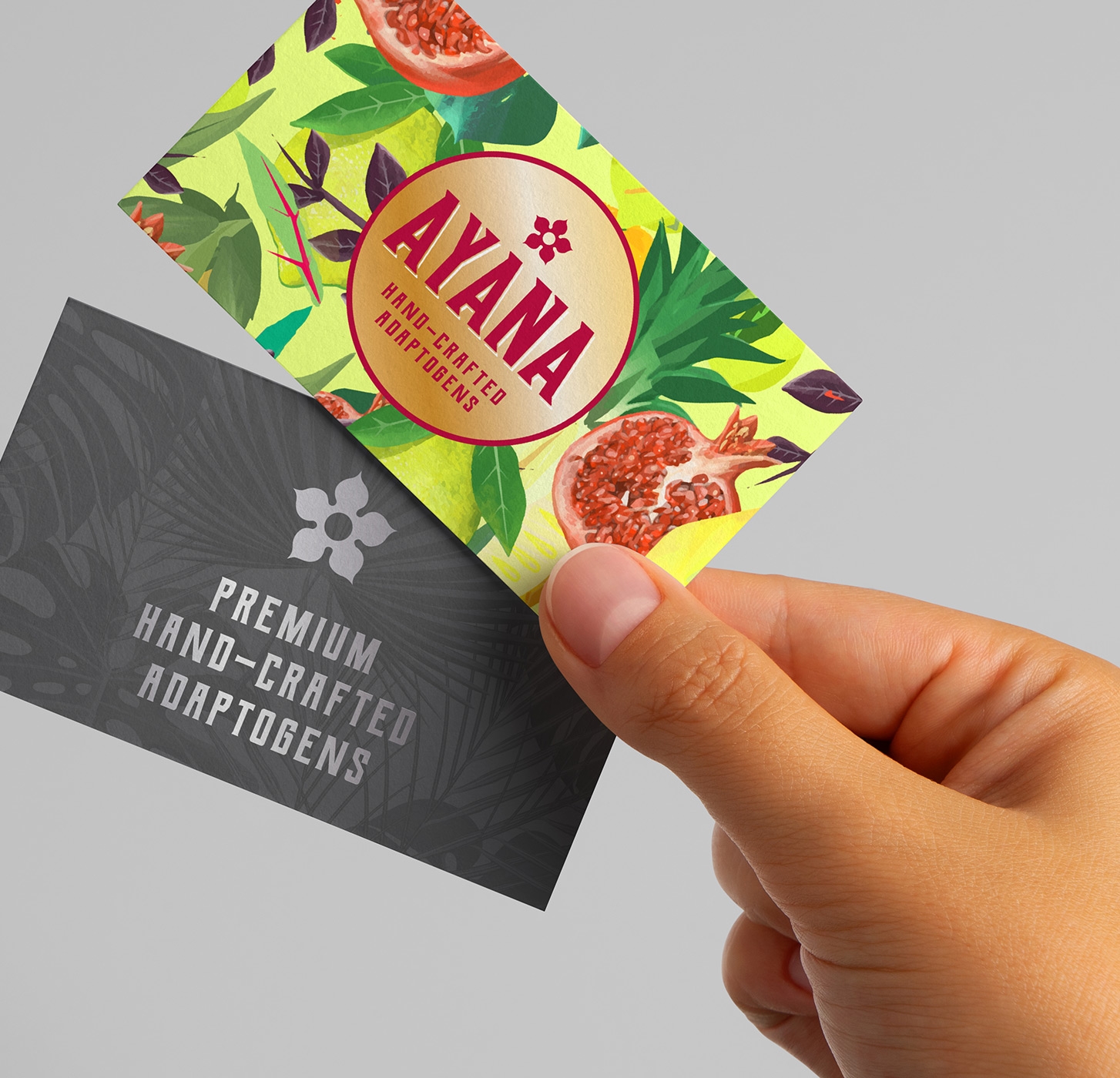 Mockup of Ayana promo card designs.