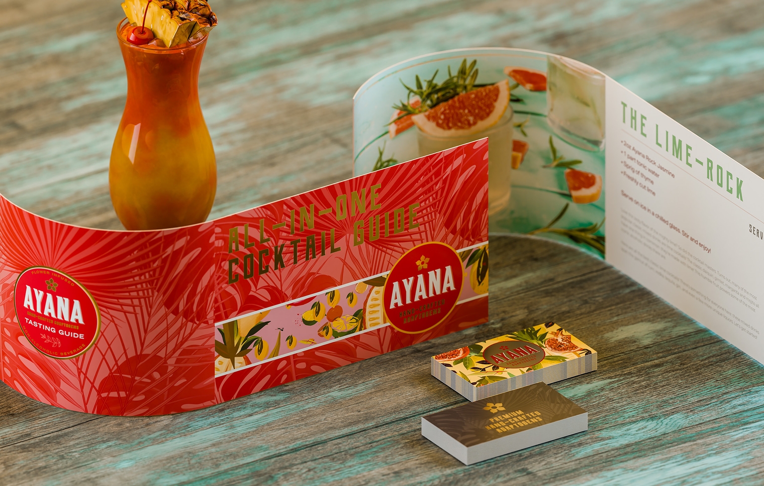 Rendering of Ayana drink mix guide card design.